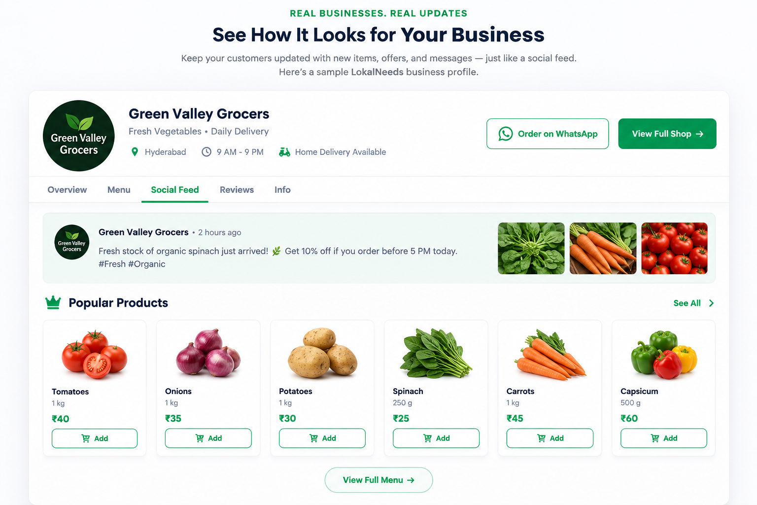 LokalNeeds business profile with WhatsApp ordering and popular products